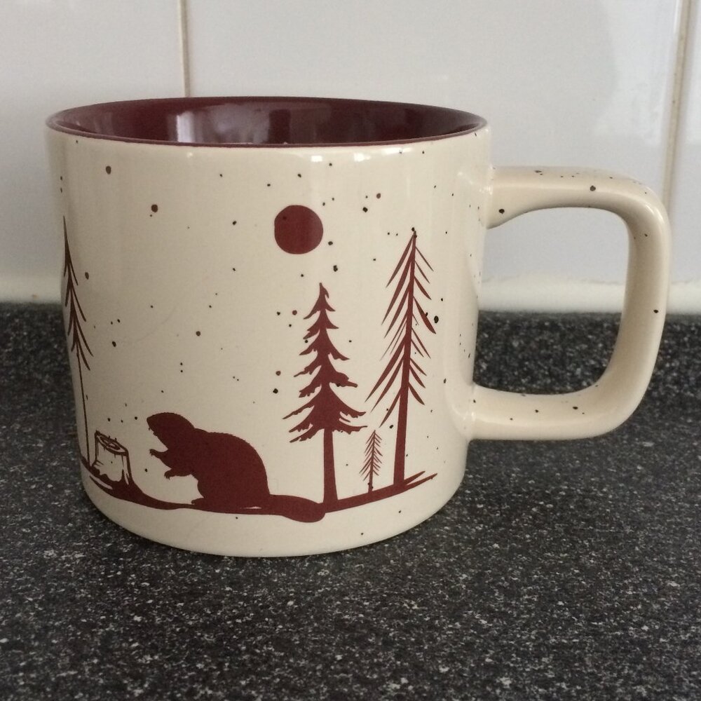 Tim Hortons Coffee Mug Cream Color Beaver Trees Nature Moon Ceramic 2019